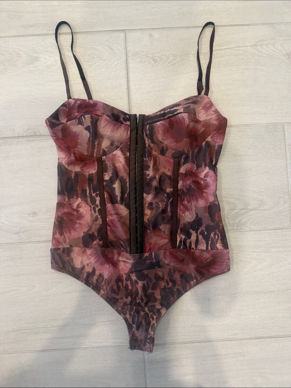 Free People Floral Leopard Bustier Bodysuit in Mauve and Black